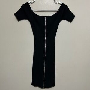 Rue21 Bodycon Mini Dress Womens M Black Excellent Ribbed Full Front Zip Y2k Sexy